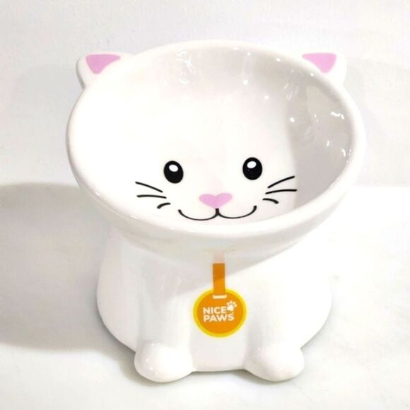 Nice Paws Ceramic Tilted And Elevated Kitty Cat Food Bowl‎ White 4"Hx5"W - Picture 3 of 11